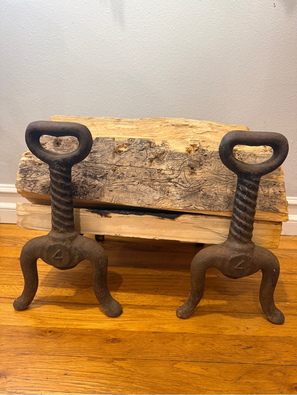 Rustic Cast Iron Andirons Pair in Brown - Unbranded